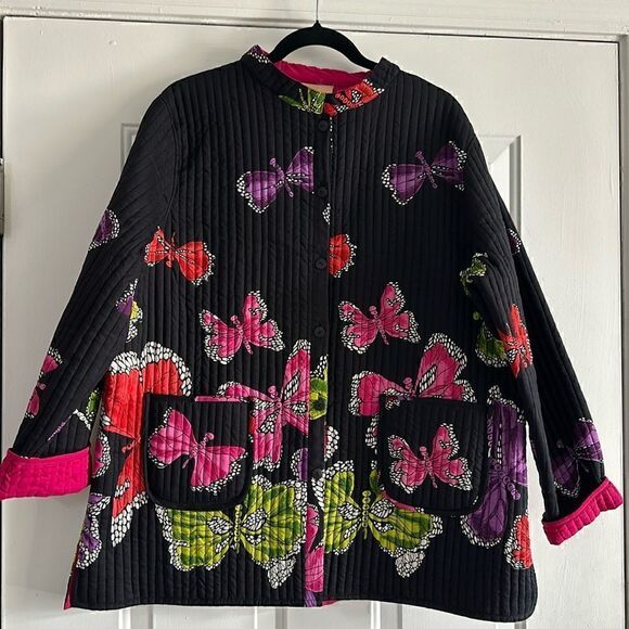 LA Cera Quilted Jacket with Butterflies.  Size XL - Picture 1 of 5